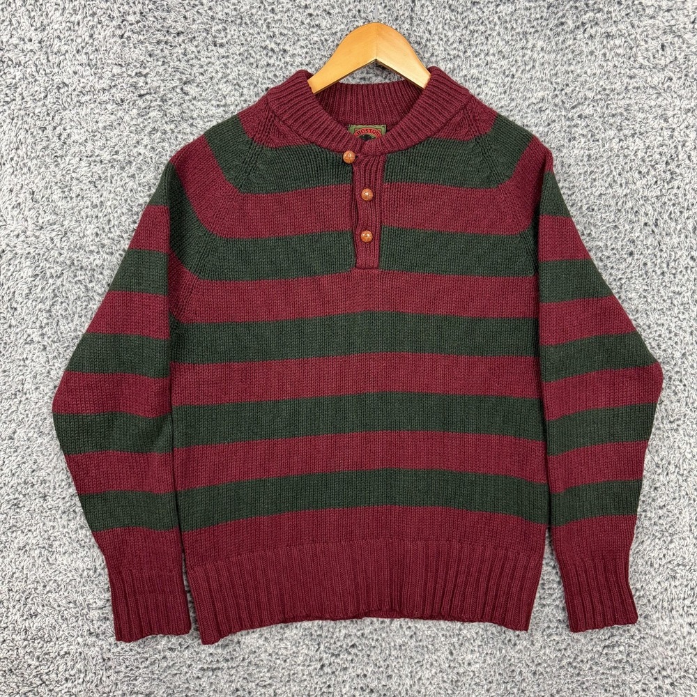 Boston Traders Sweater Mens XL Red Green Stripe Wool Blend Henley Mock Neck XL